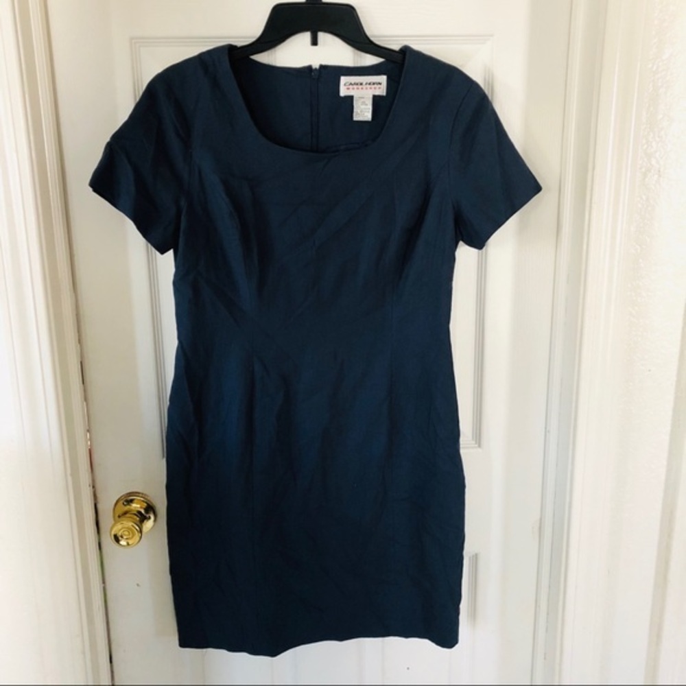 VINTAGE CAROL HORN linen cotton blend navy short sleeve summer dress size 10P